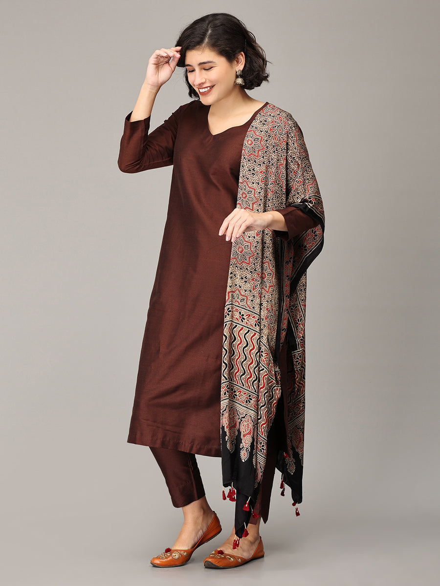 ELLEORA Chocolate brown Cotton Silk Kurta Set E L L E O R A