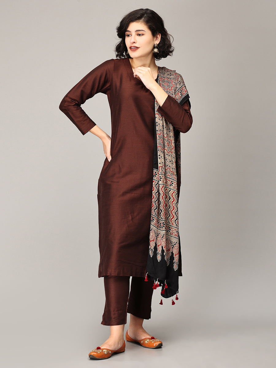 ELLEORA Chocolate brown Cotton Silk Kurta Set E L L E O R A