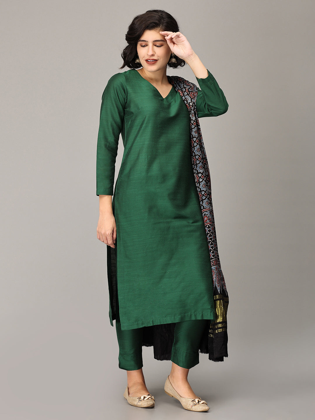 Straight Sky Blue and Green Embroidered Neck Silk Kurti at Rs 1200 in Surat
