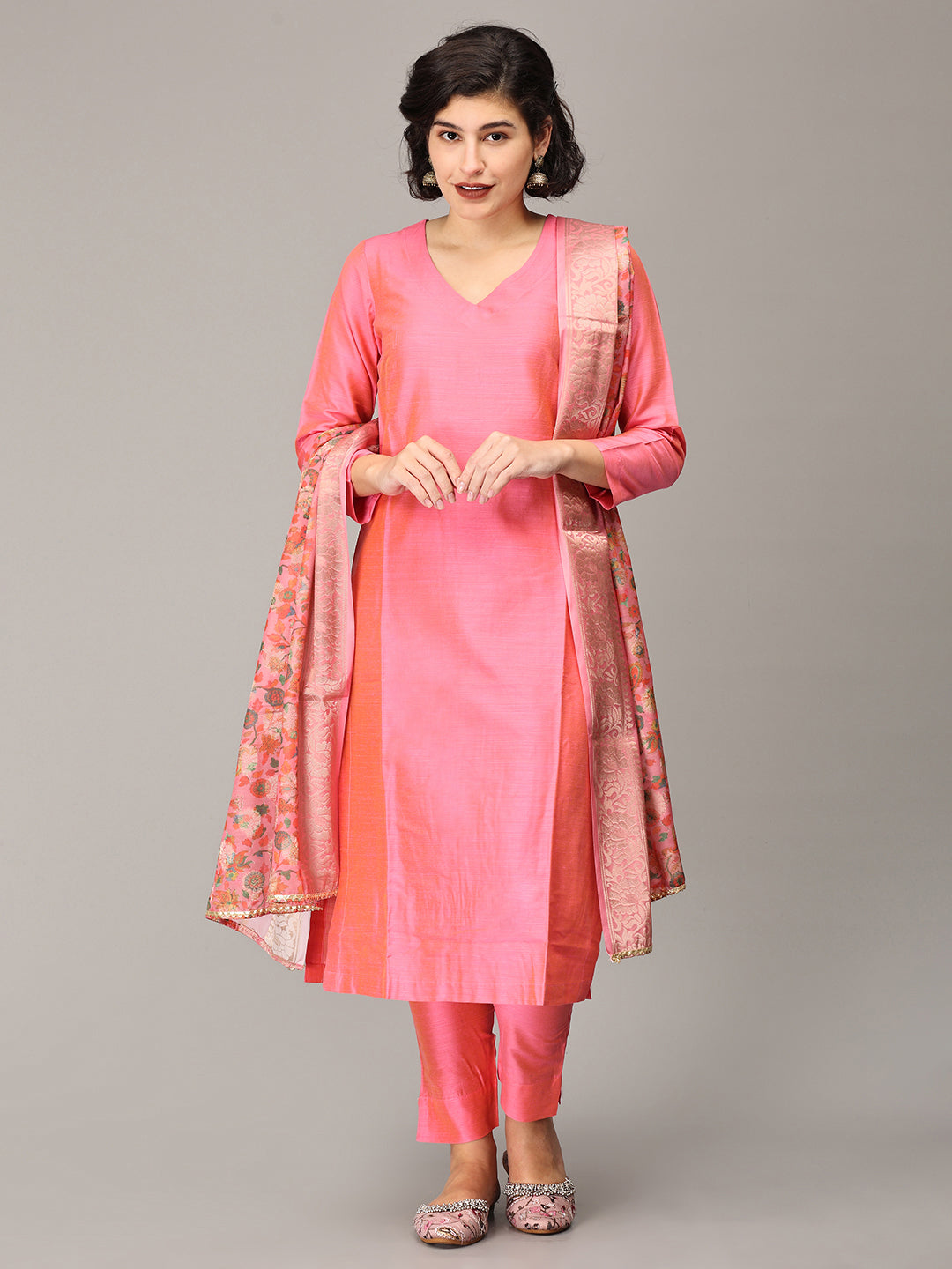 Peach Pink Cotton Silk Kurta Set