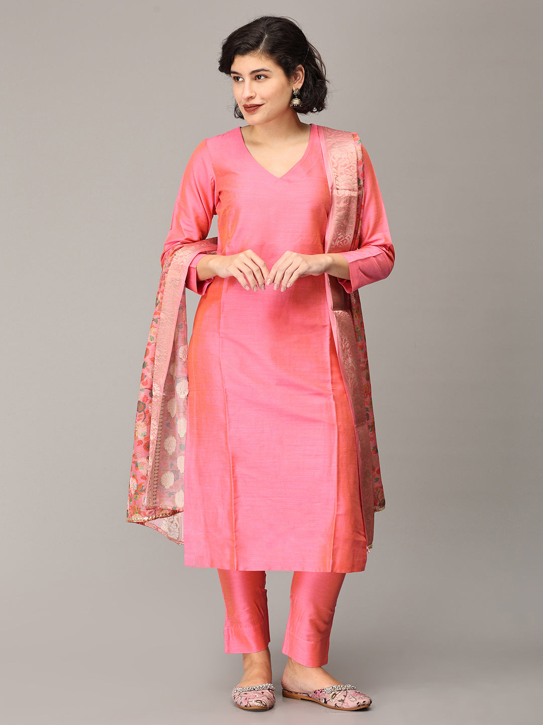 Peach Pink Cotton Silk Kurta Set