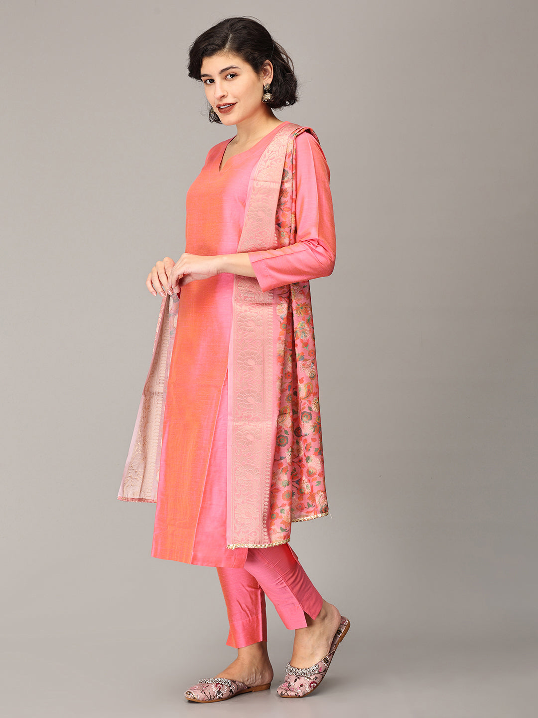 Peach Pink Cotton Silk Kurta Set