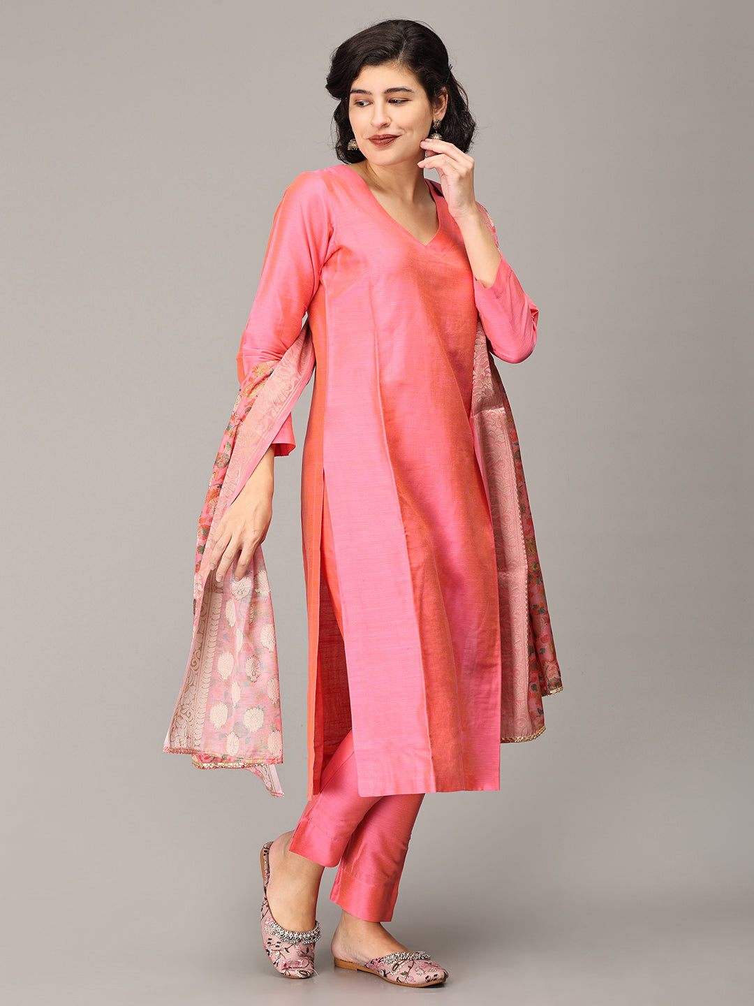 Peach Pink Cotton Silk Kurta Set