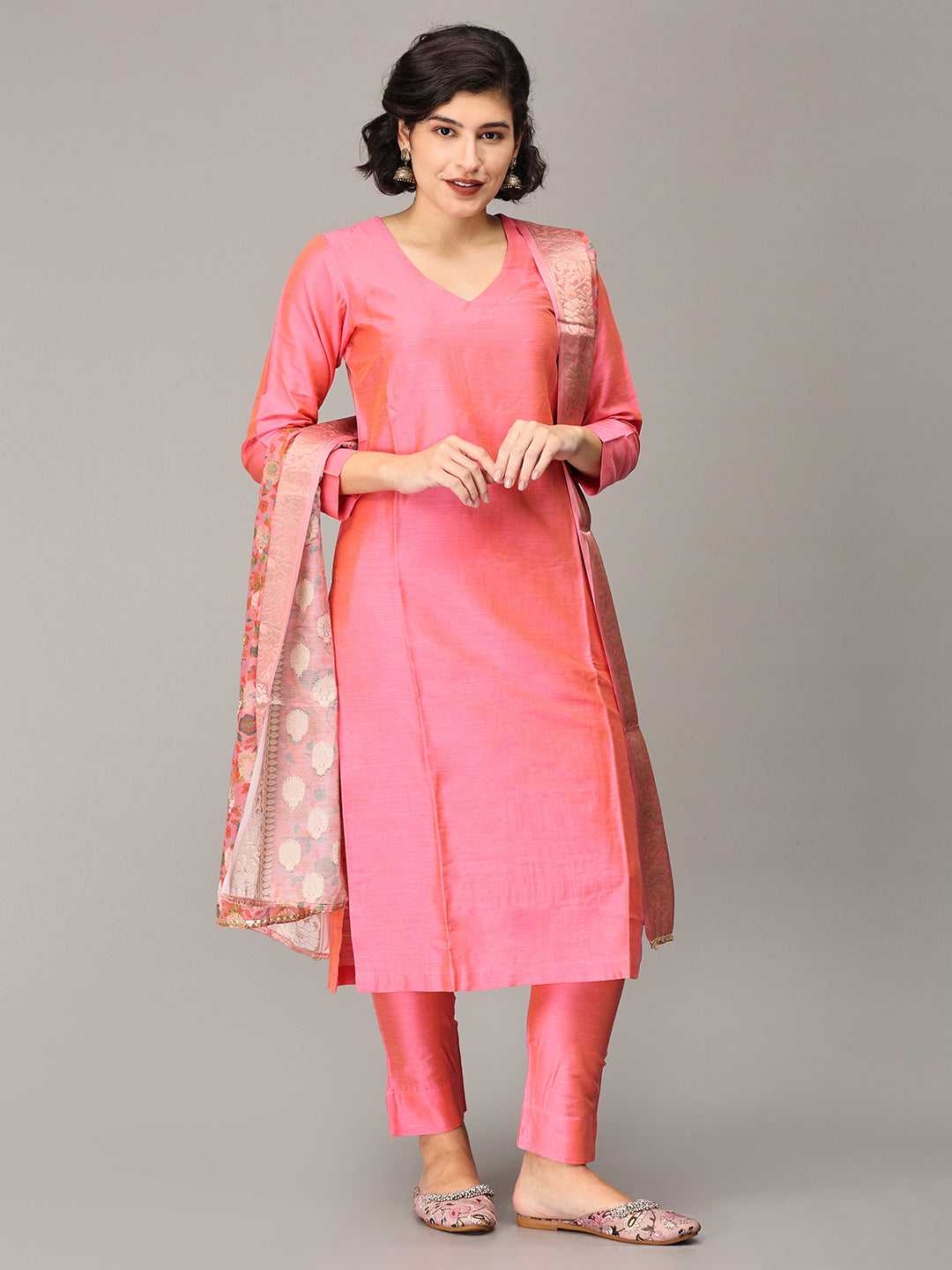 Peach Pink Cotton Silk Kurta Set