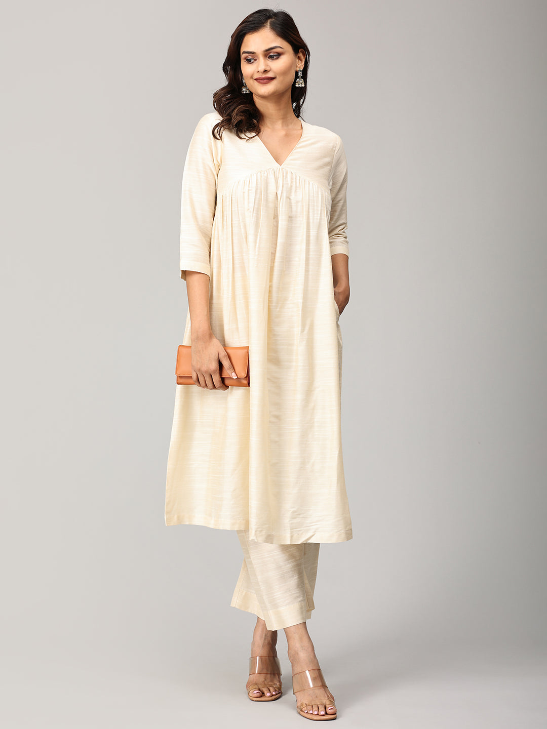 Elleora Gathered Cotton silk Kurta Set Cream