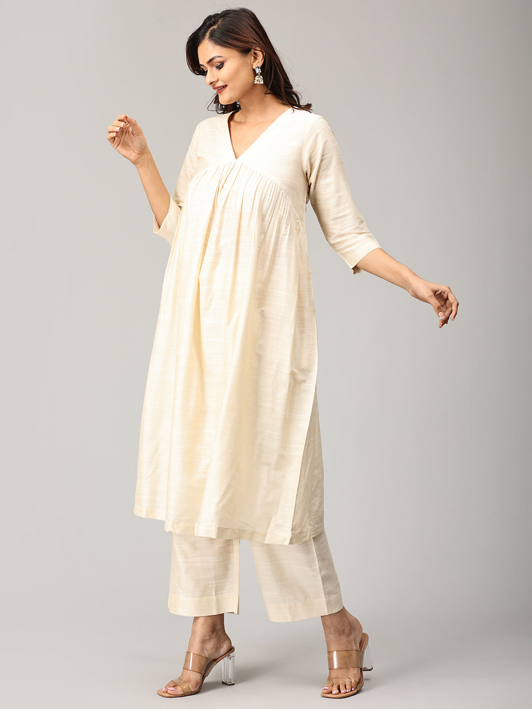 Elleora Gathered Cotton silk Kurta Set Cream