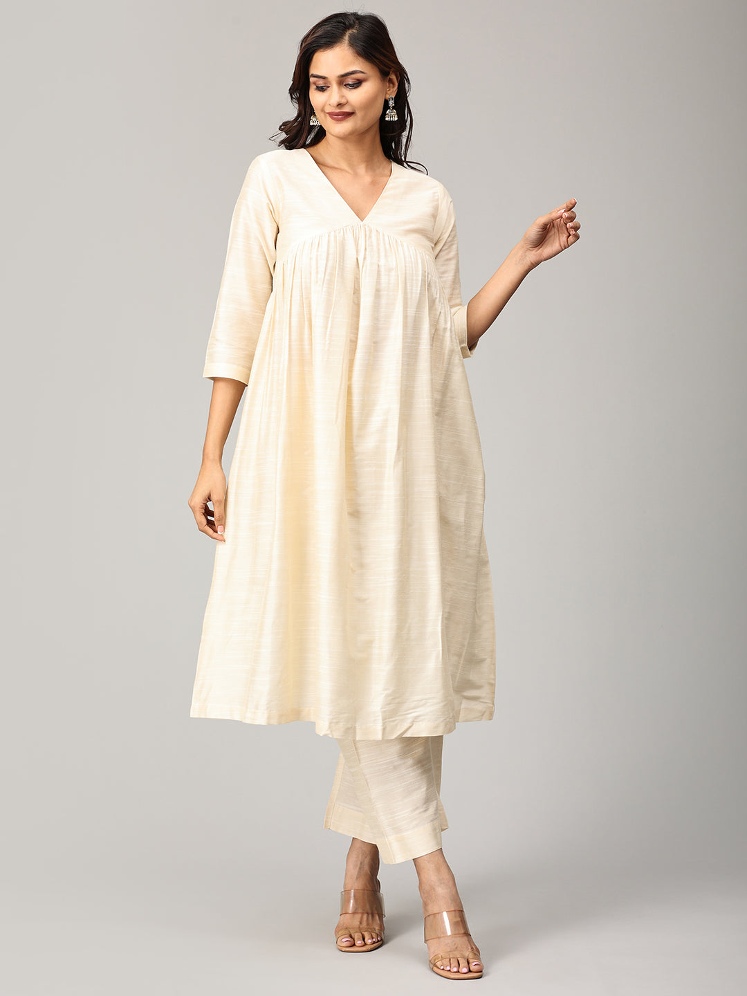 Elleora Gathered Cotton silk Kurta Set Cream