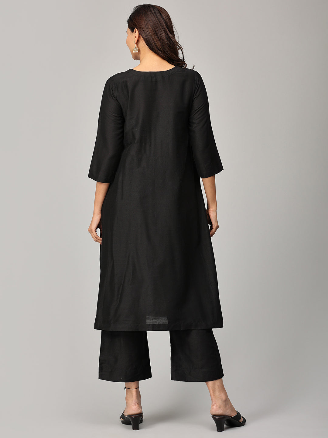 Elleora Gathered cotton silk Kurta set Black