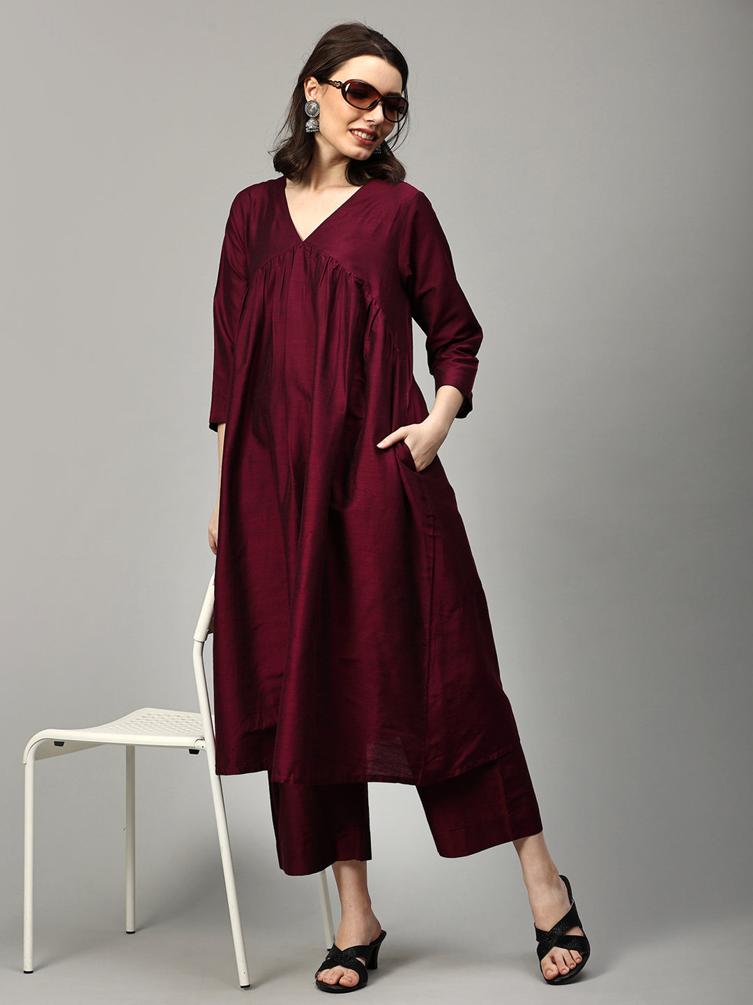 Elleora Purple Gathered Kurta and Pant set