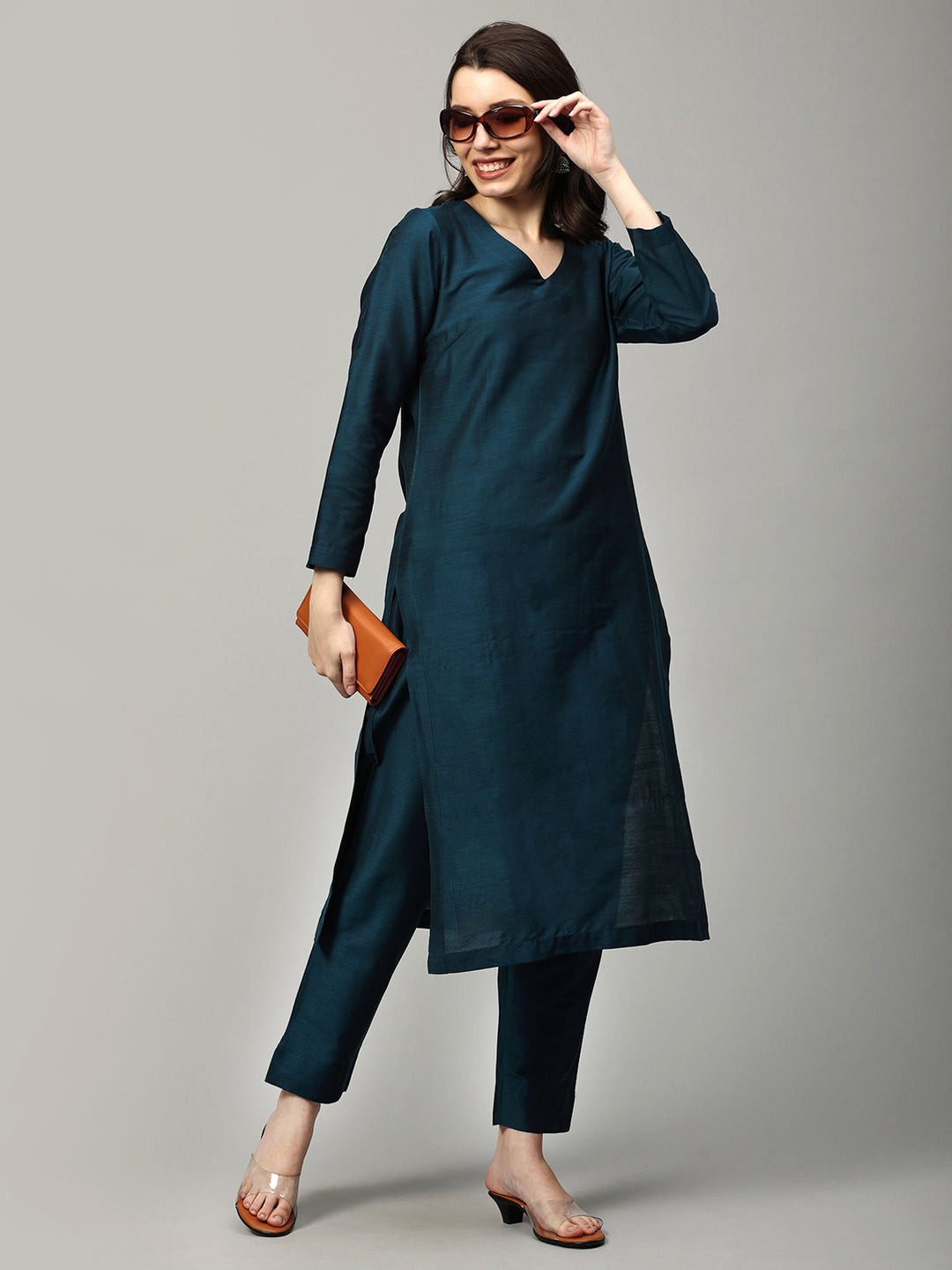 Elleora Regular Cotton Silk Kurta Set Teal