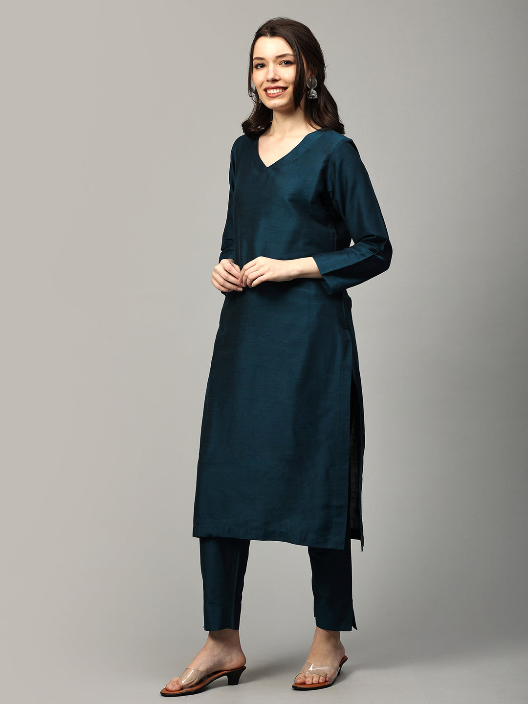 Elleora Regular Cotton Silk Kurta Set Teal