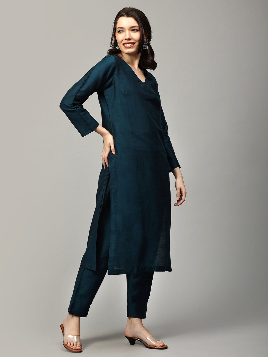 Elleora Regular Cotton Silk Kurta Set Teal