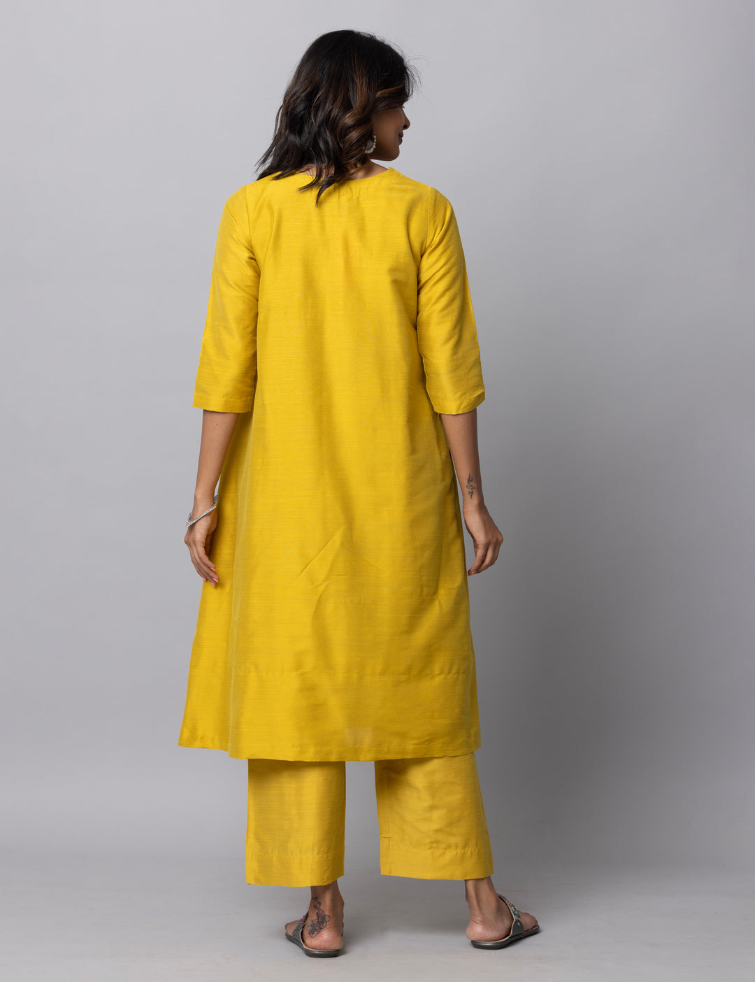 Elleora Gathered Cotton Silk Kurta Set Mustard