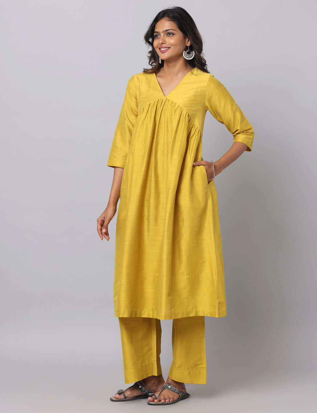 Elleora Gathered Cotton Silk Kurta Set Mustard