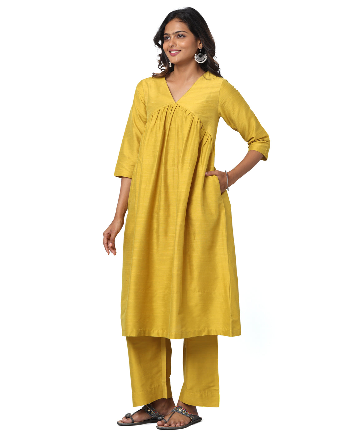 Elleora Gathered Cotton Silk Kurta Set Mustard