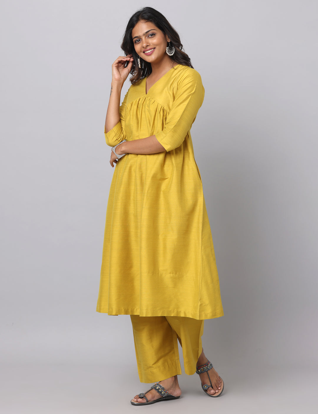 Elleora Gathered Cotton Silk Kurta Set Mustard