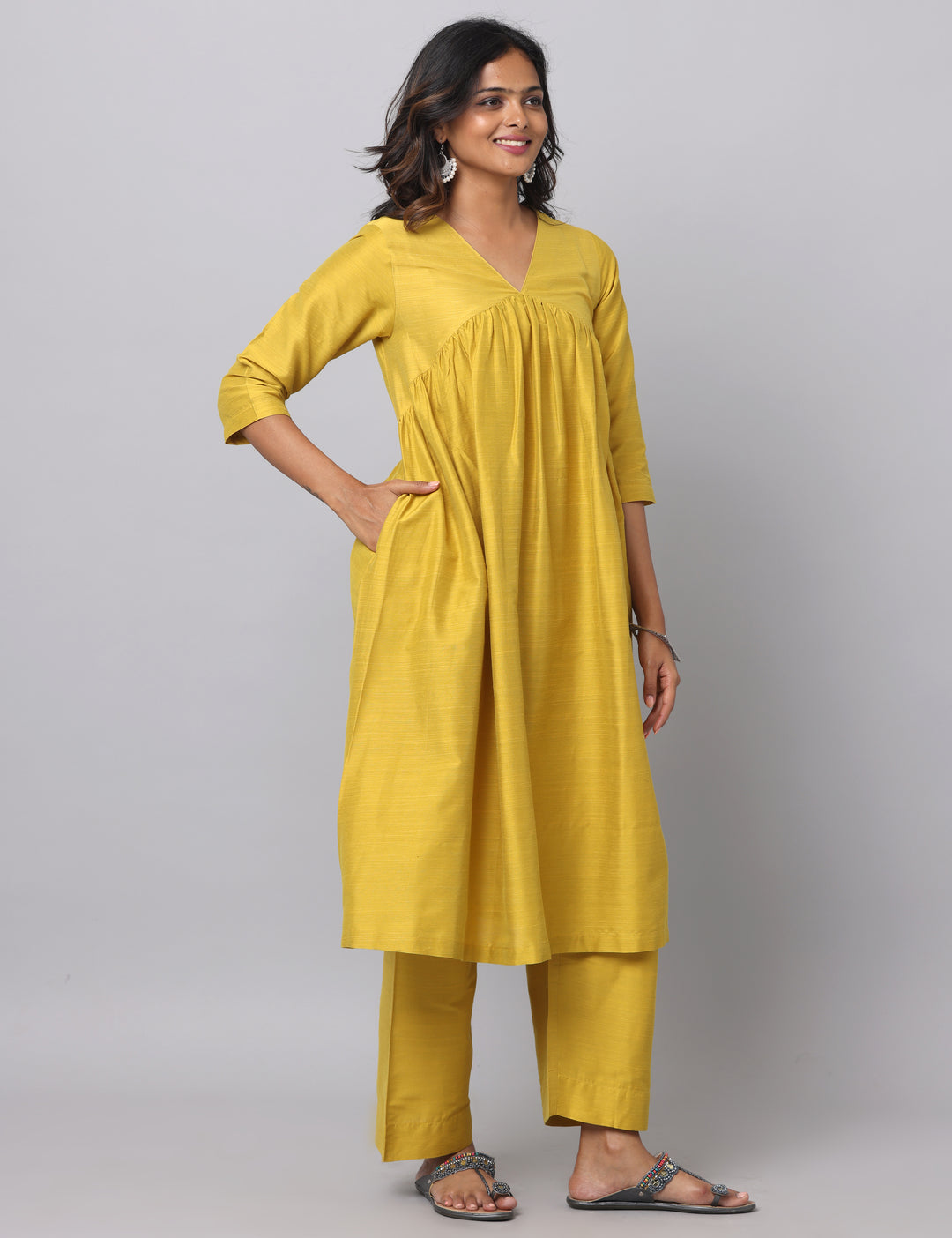 Elleora Gathered Cotton Silk Kurta Set Mustard