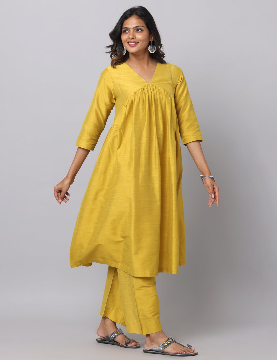 Elleora Gathered Cotton Silk Kurta Set Mustard