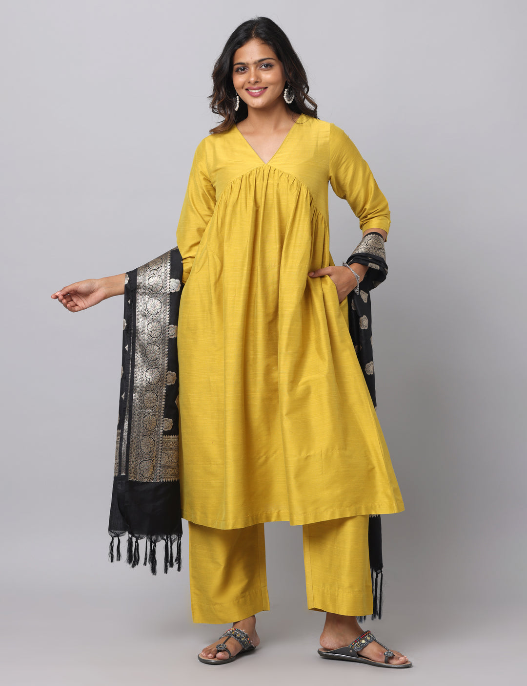 Elleora Gathered Cotton Silk Kurta Set Mustard