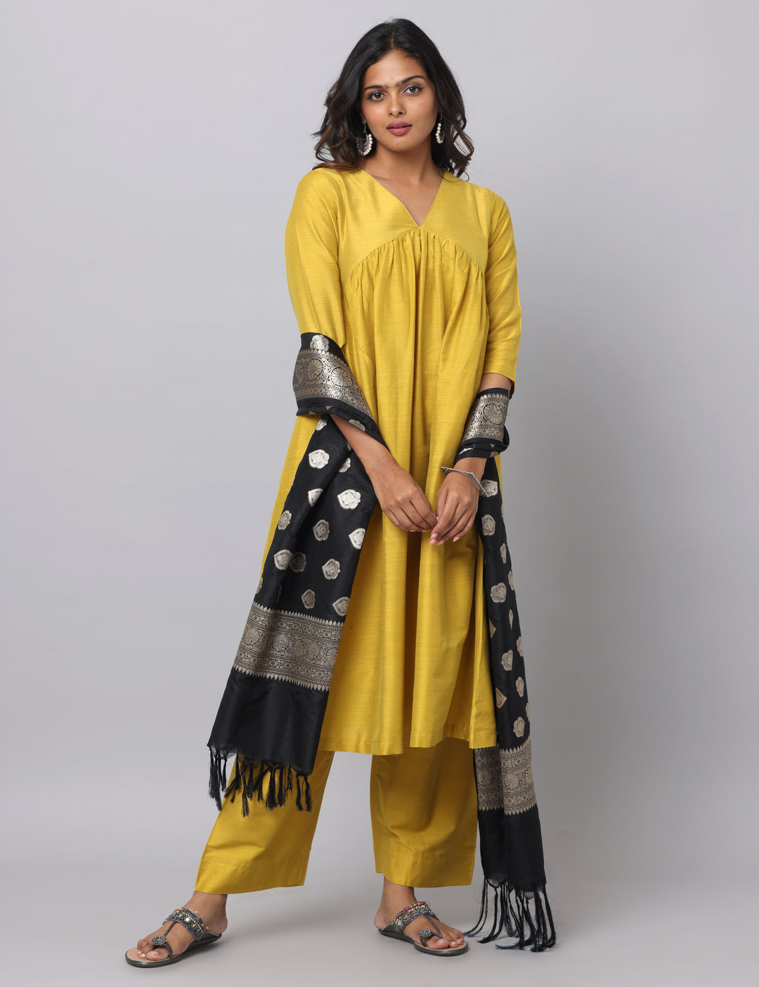 Elleora Gathered Cotton Silk Kurta Set Mustard