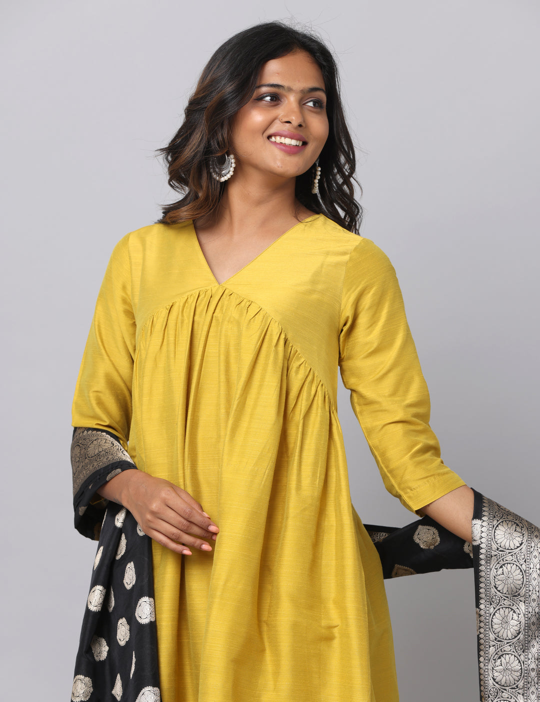 Elleora Gathered Cotton Silk Kurta Set Mustard