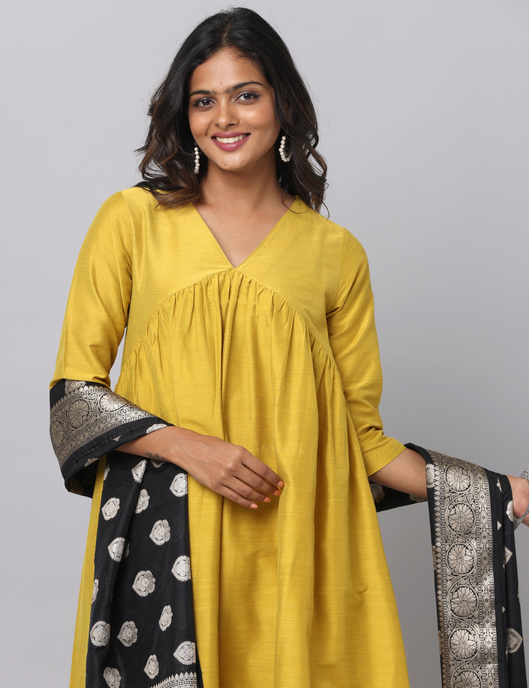 Elleora Gathered Cotton Silk Kurta Set Mustard