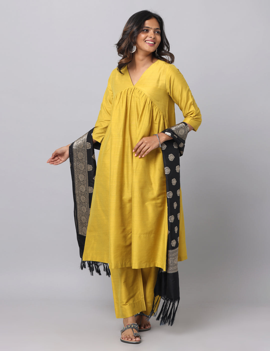 Elleora Gathered Cotton Silk Kurta Set Mustard