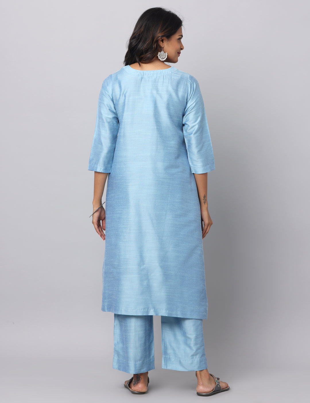 Elleora Gathered Cotton Silk Kurta Set Powder Blue