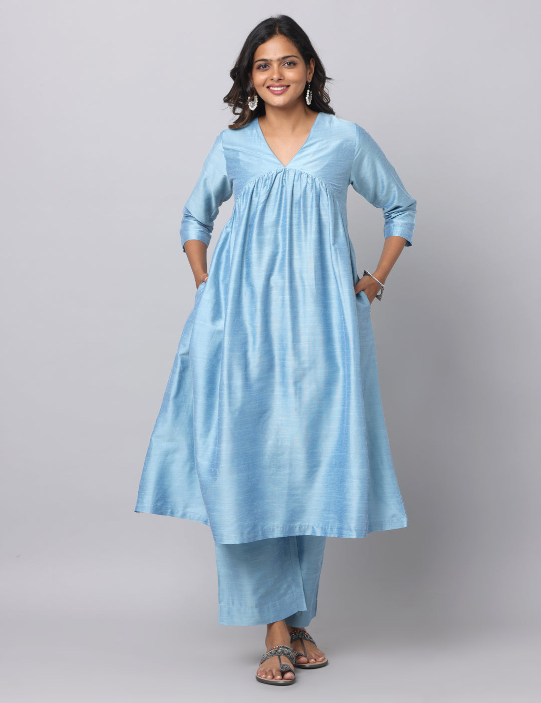 Elleora Gathered Cotton Silk Kurta Set Powder Blue