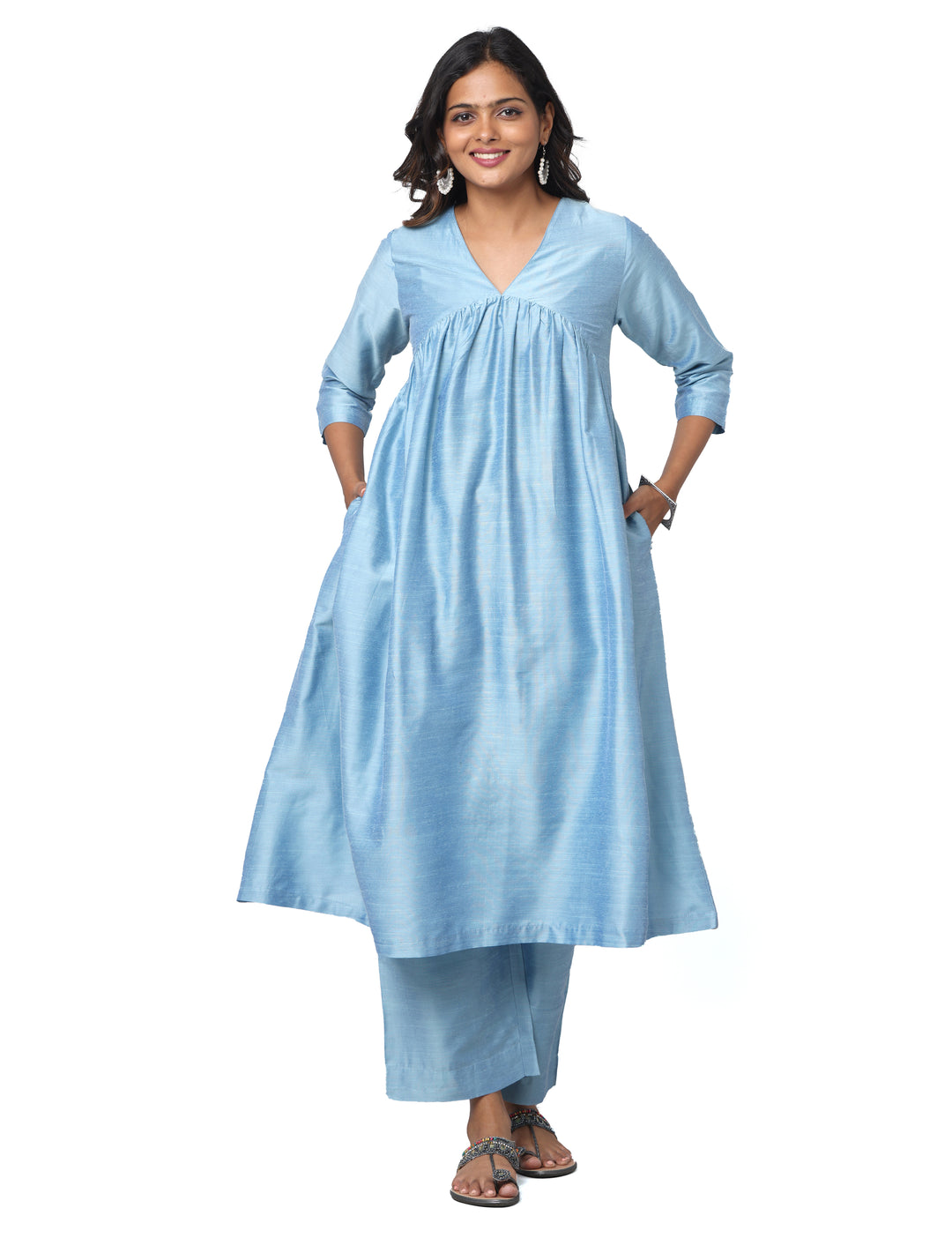 Elleora Gathered Cotton Silk Kurta Set Powder Blue