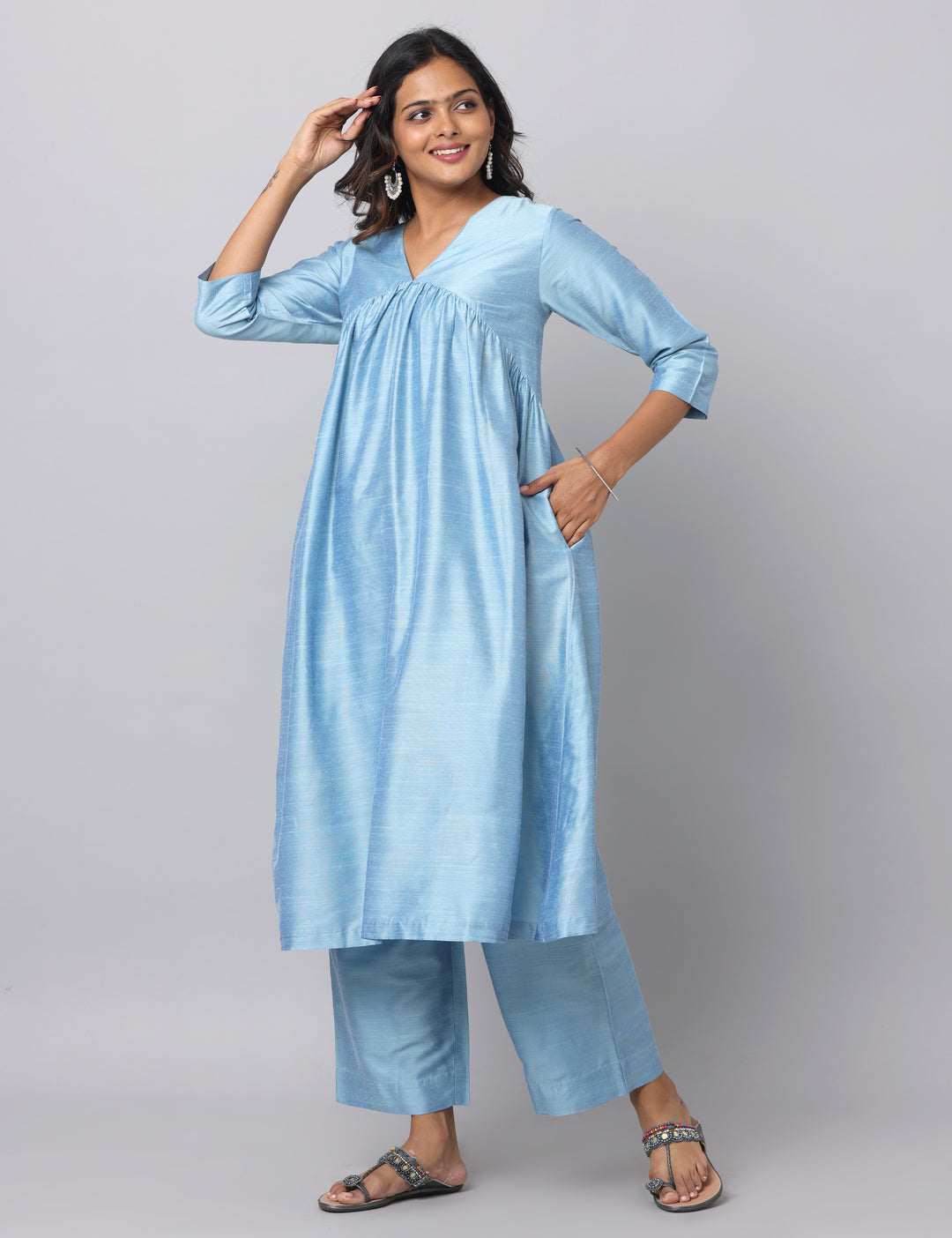 Elleora Gathered Cotton Silk Kurta Set Powder Blue