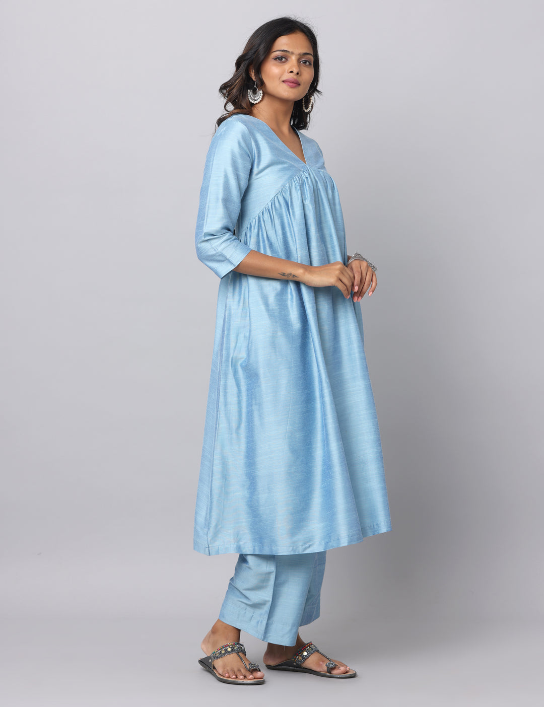 Elleora Gathered Cotton Silk Kurta Set Powder Blue