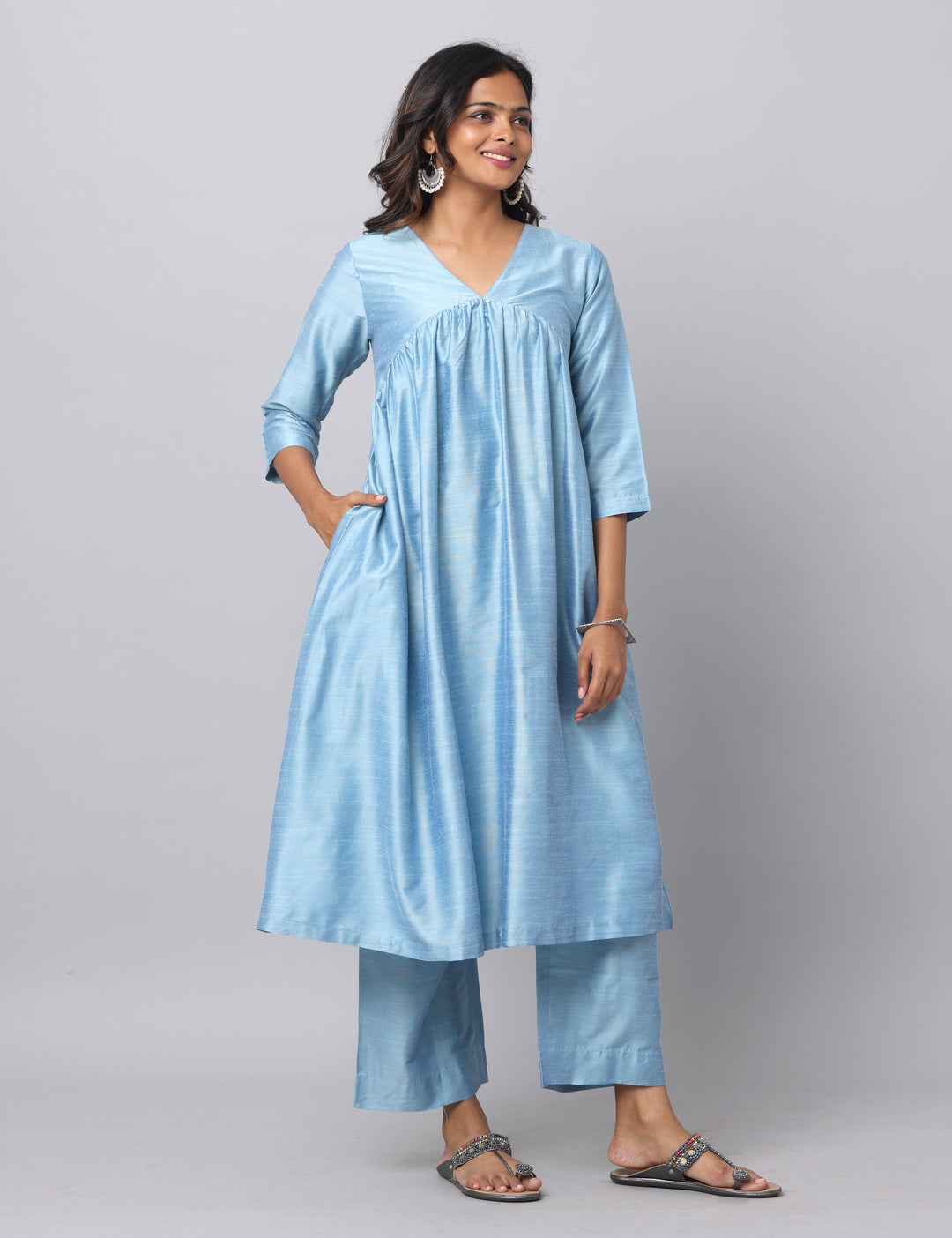 Elleora Gathered Cotton Silk Kurta Set Powder Blue