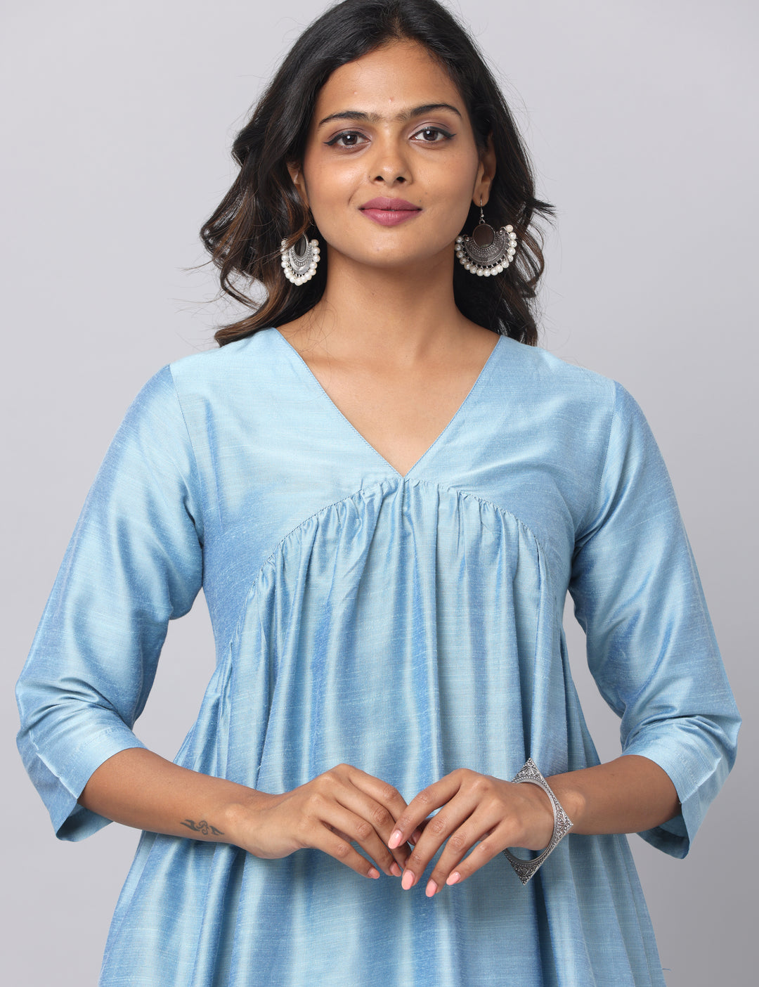 Elleora Gathered Cotton Silk Kurta Set Powder Blue