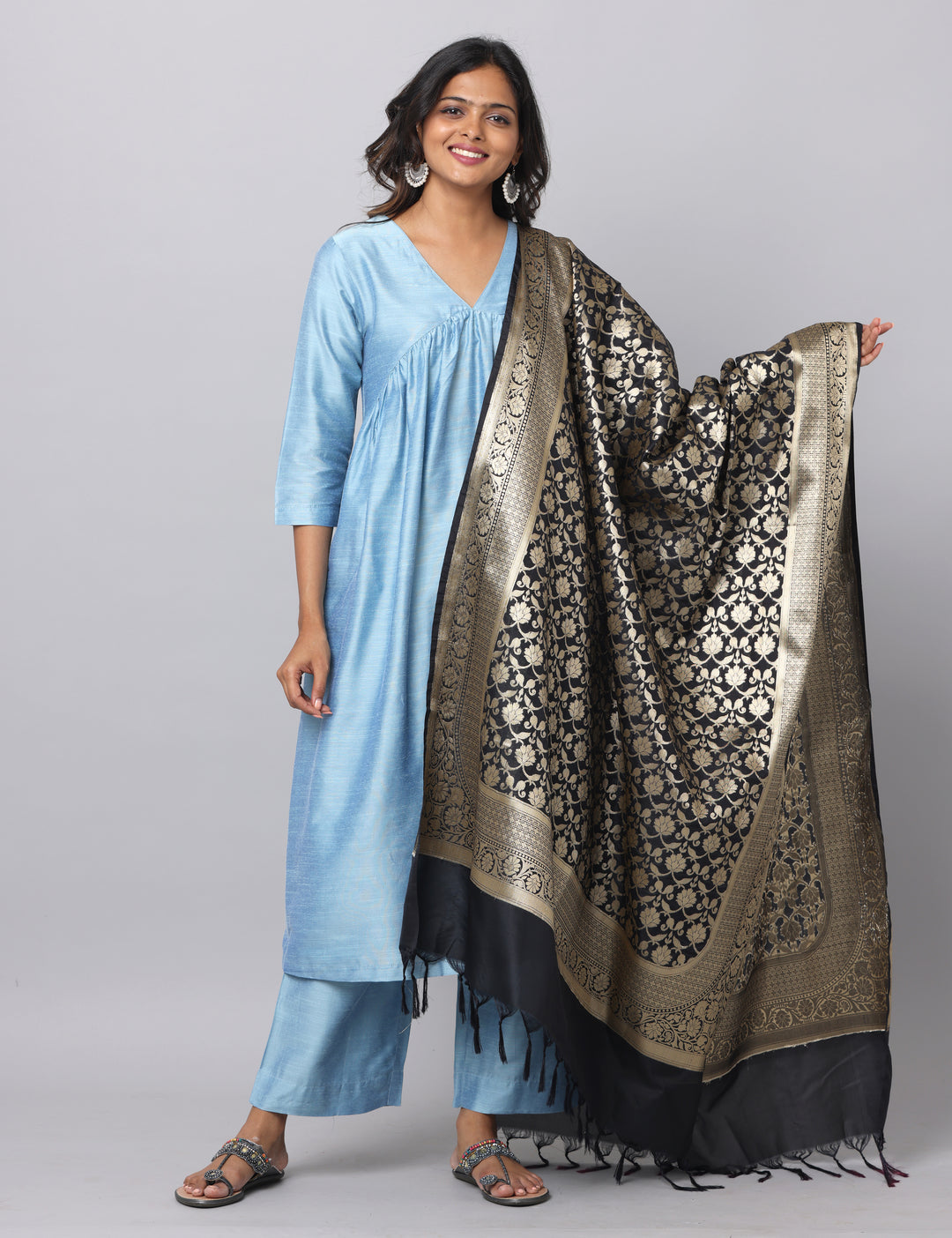 Elleora Gathered Cotton Silk Kurta Set Powder Blue