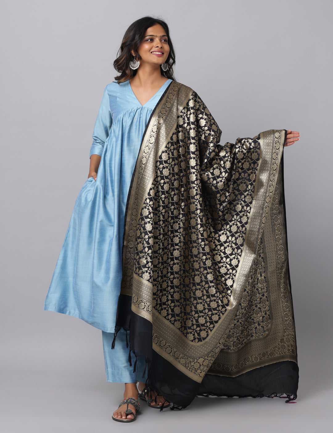 Elleora Gathered Cotton Silk Kurta Set Powder Blue