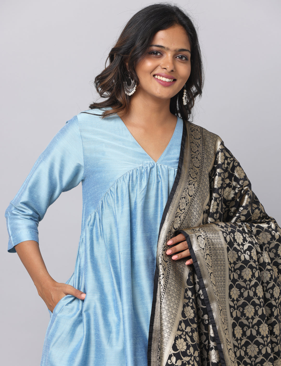 Elleora Gathered Cotton Silk Kurta Set Powder Blue