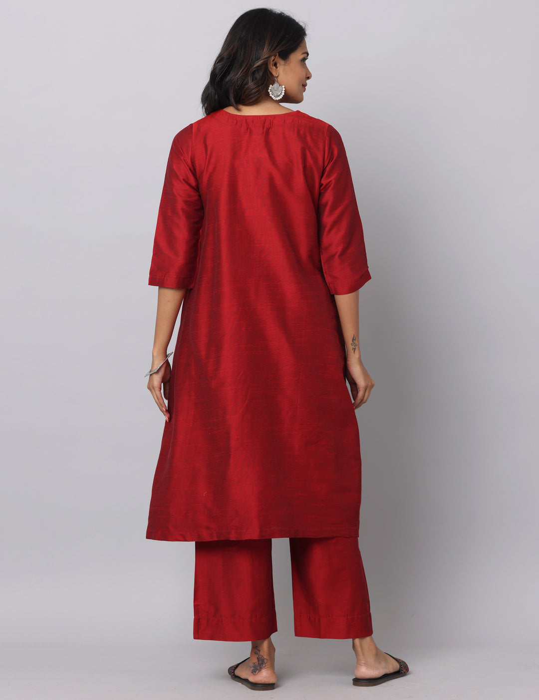 Elleora Gathered Cotton Silk Kurta Set Red