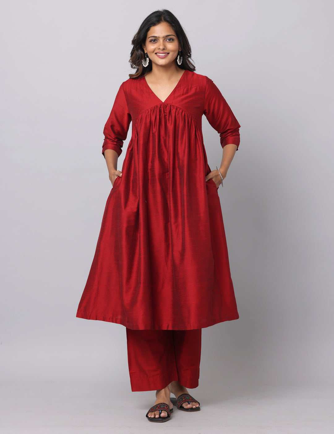 Elleora Gathered Cotton Silk Kurta Set Red