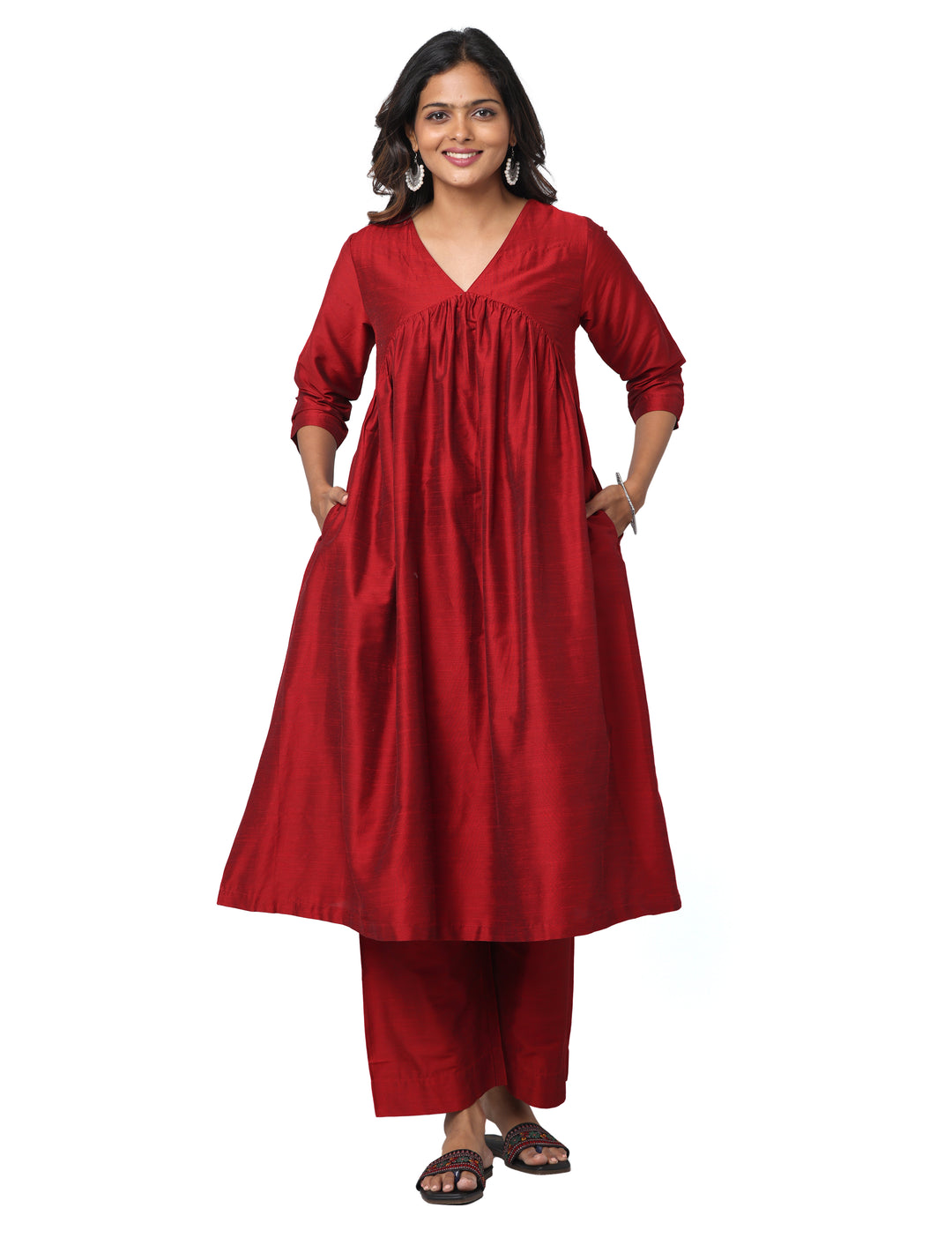 Elleora Gathered Cotton Silk Kurta Set Red