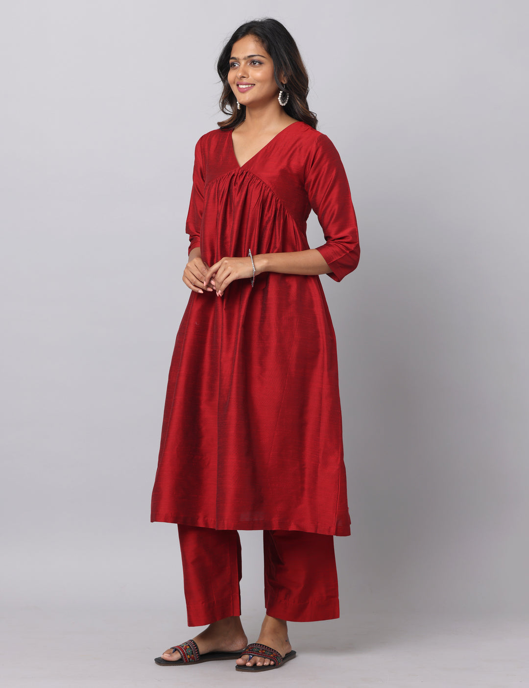 Elleora Gathered Cotton Silk Kurta Set Red