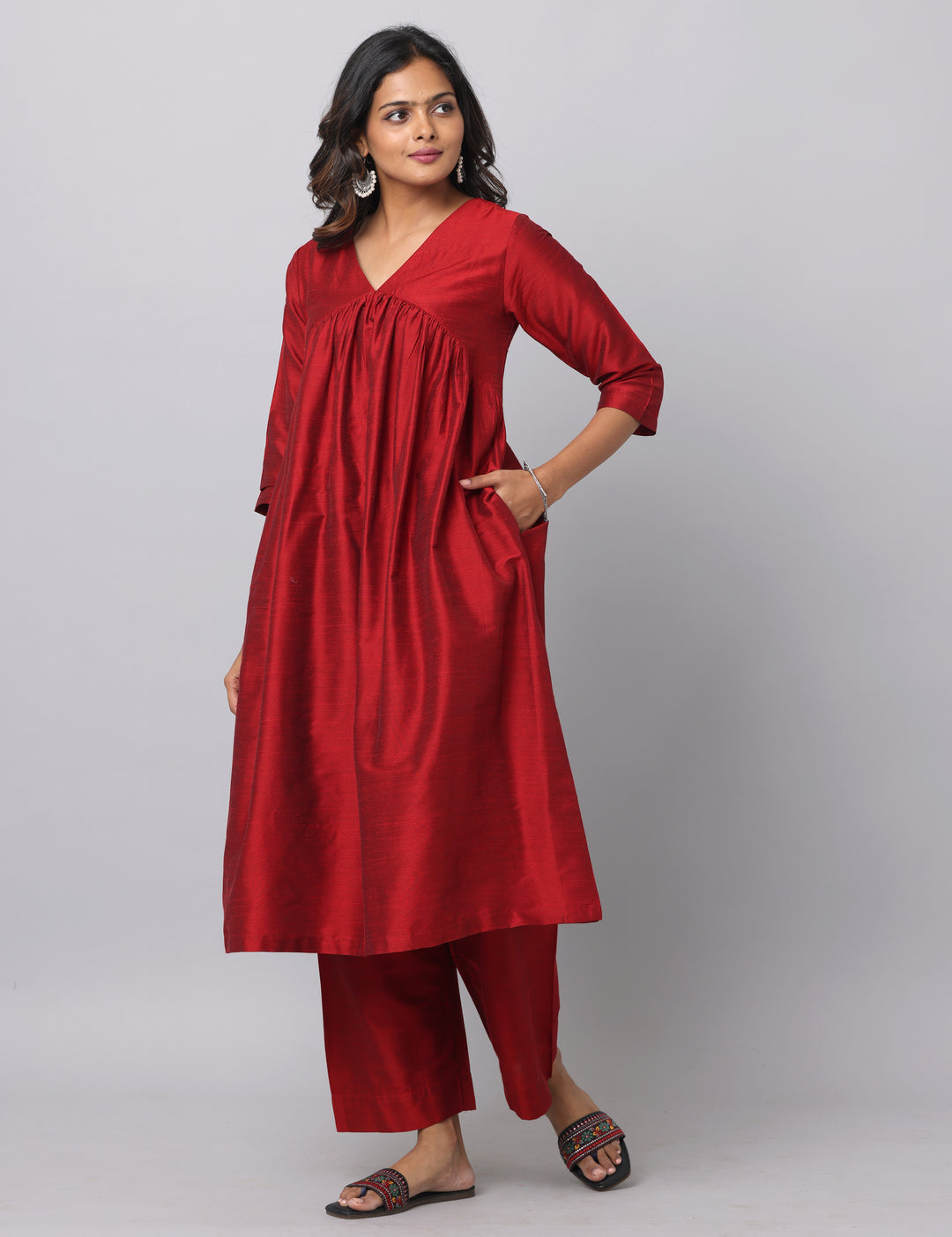 Elleora Gathered Cotton Silk Kurta Set Red