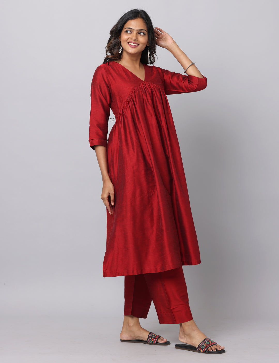 Elleora Gathered Cotton Silk Kurta Set Red