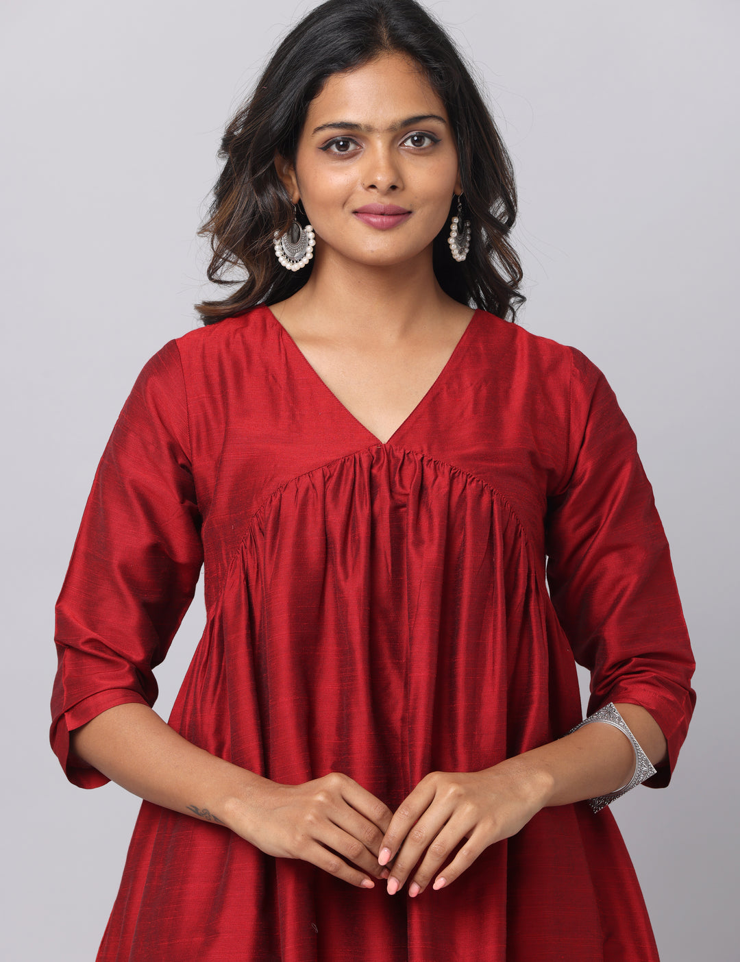 Elleora Gathered Cotton Silk Kurta Set Red