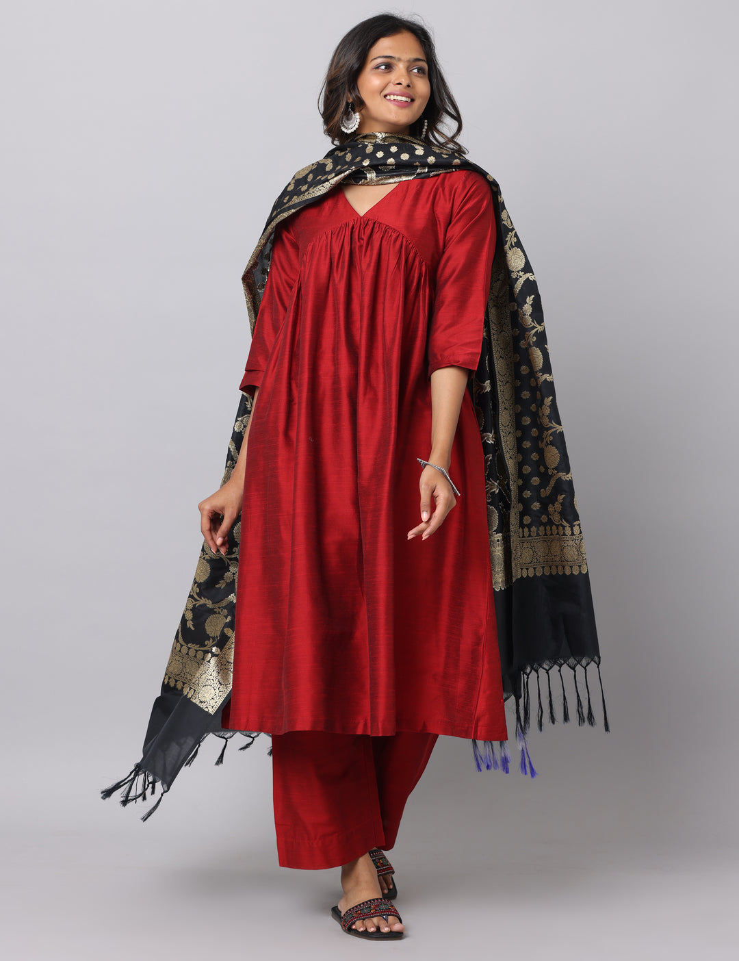 Elleora Gathered Cotton Silk Kurta Set Red