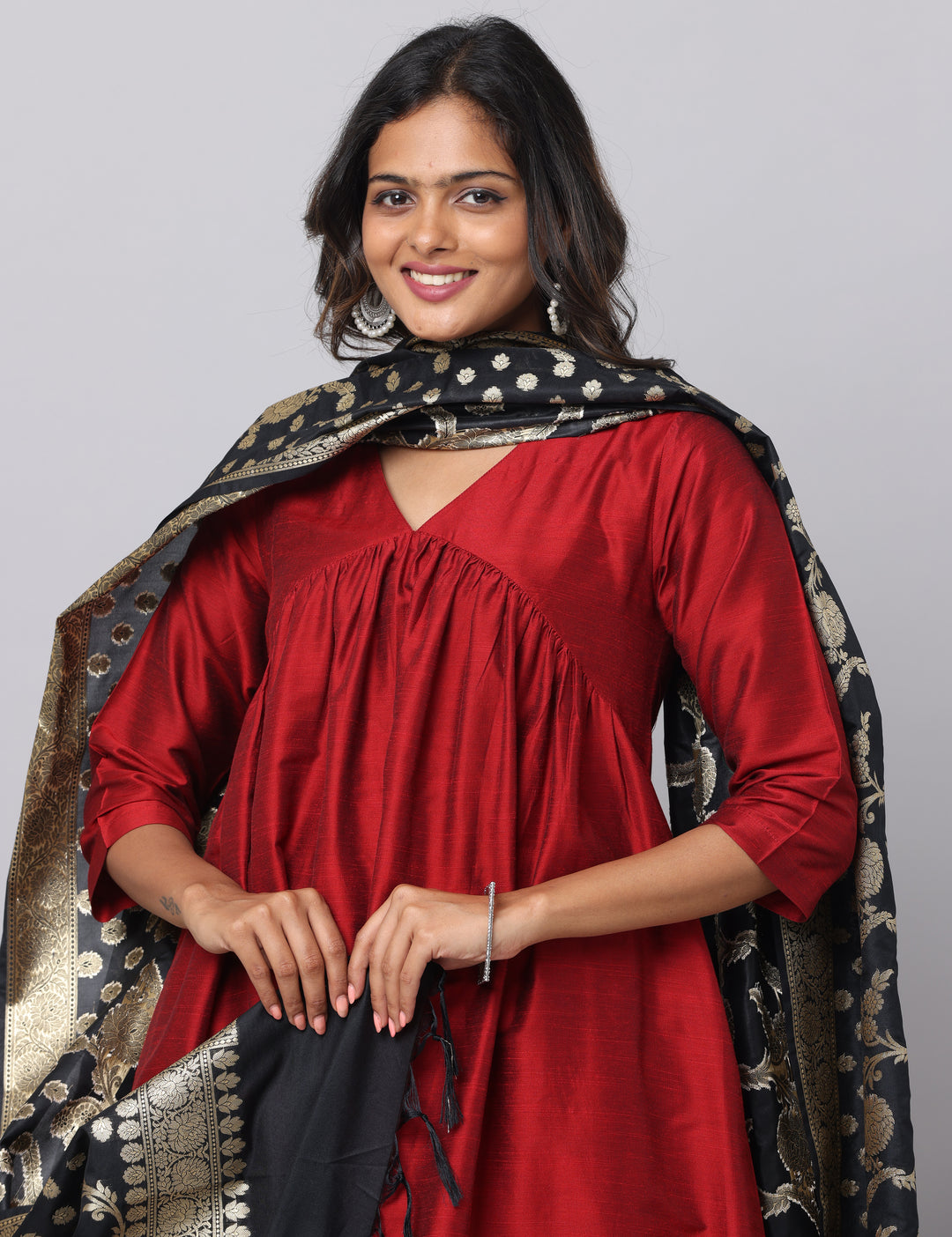 Elleora Gathered Cotton Silk Kurta Set Red