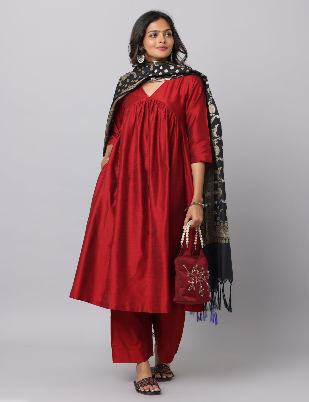 Elleora Gathered Cotton Silk Kurta Set Red