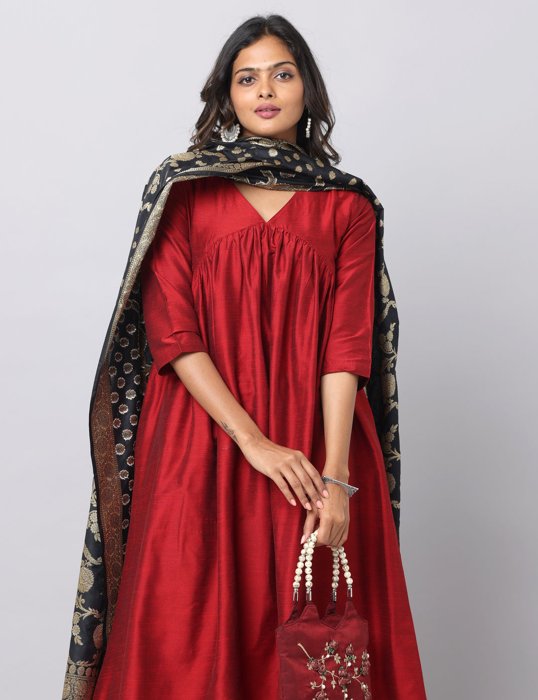 Elleora Gathered Cotton Silk Kurta Set Red