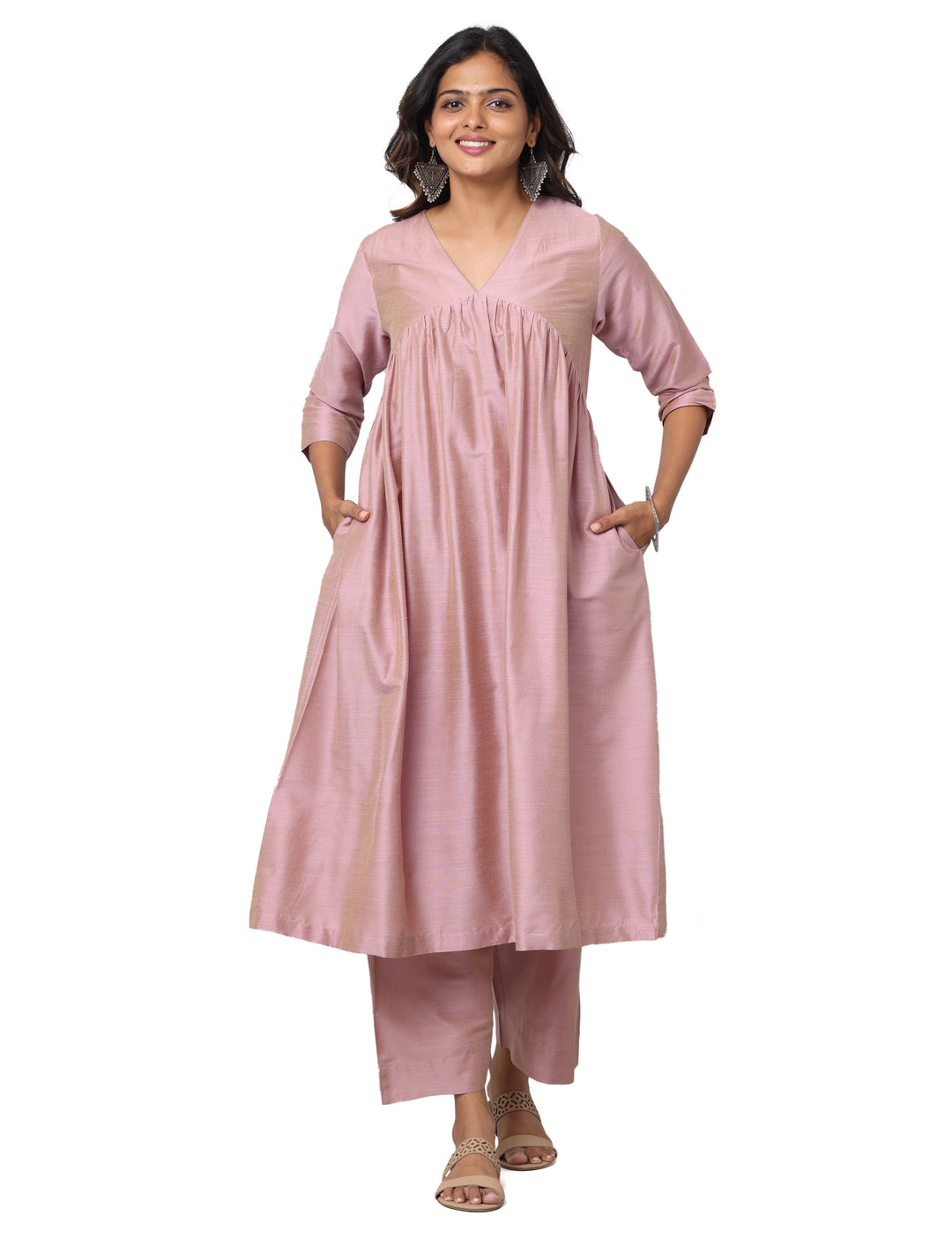 Elleora Gathered Cotton Silk Kurta Set Dusty Pink