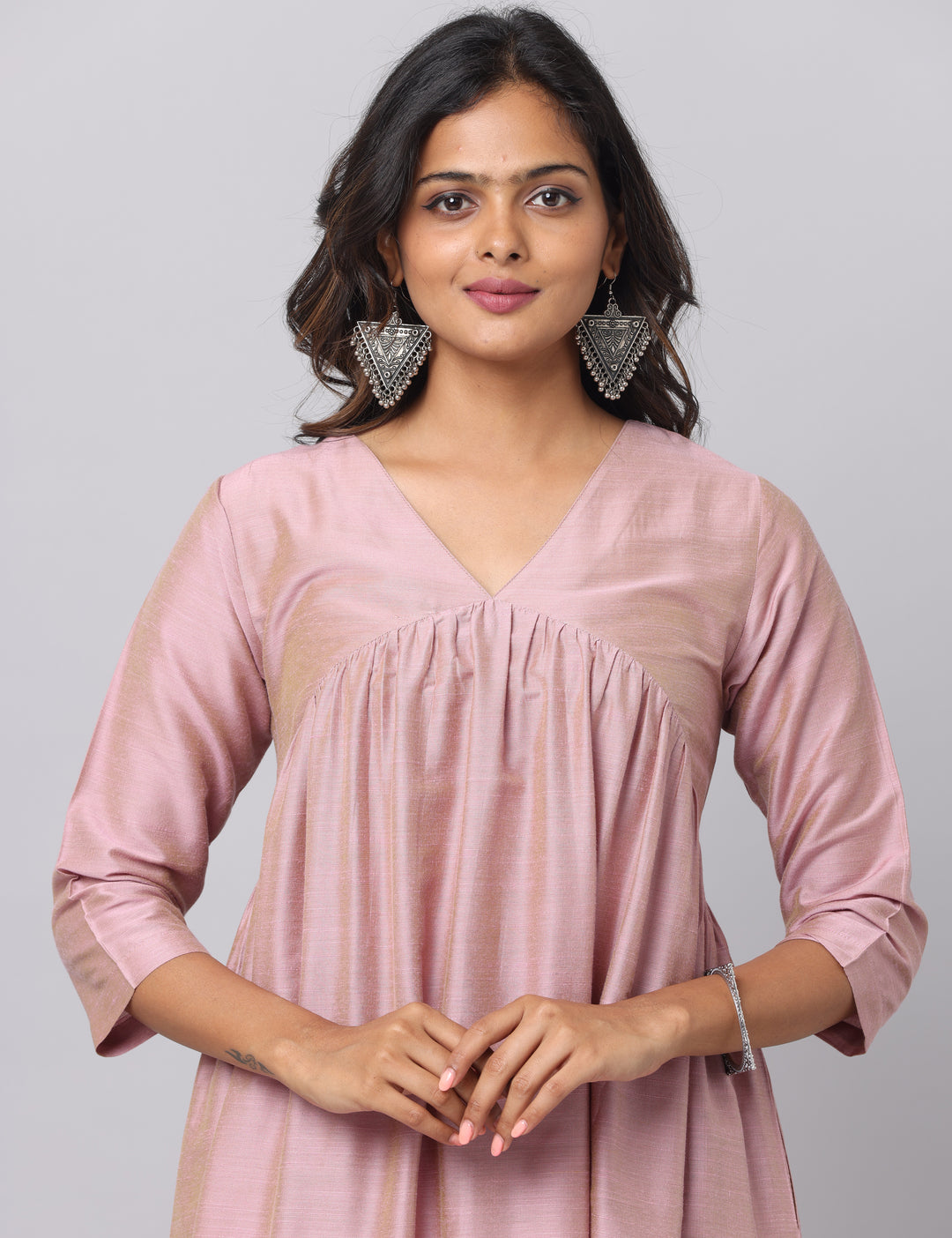 Elleora Gathered Cotton Silk Kurta Set Dusty Pink